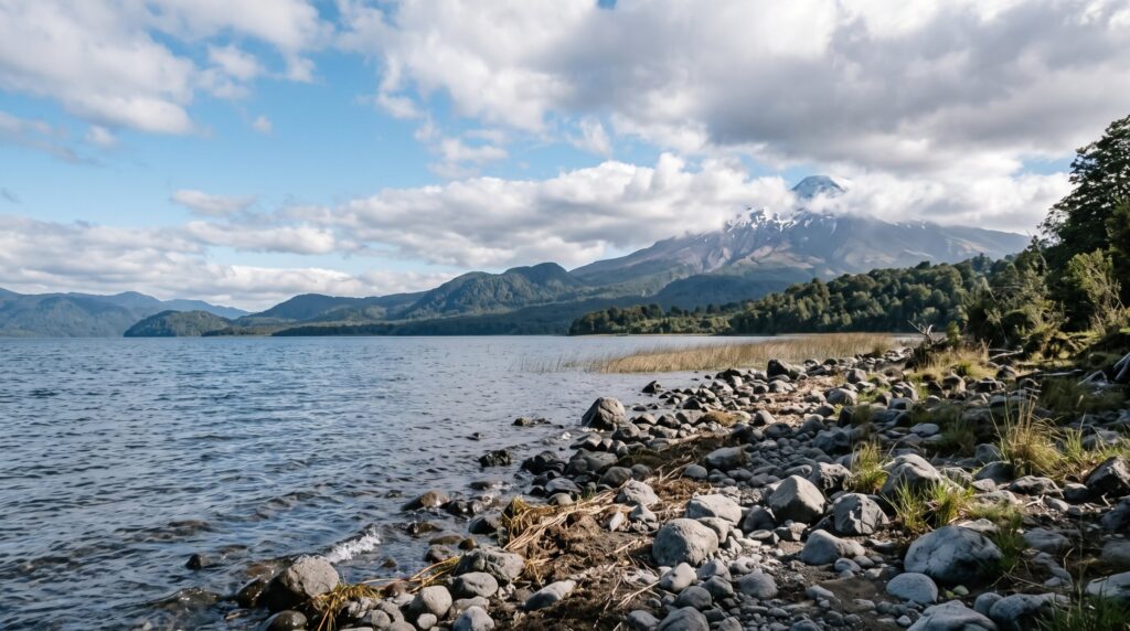 Orilla de piedras de un lago del sur de Chile con volcán nevado entre nubes al fondo