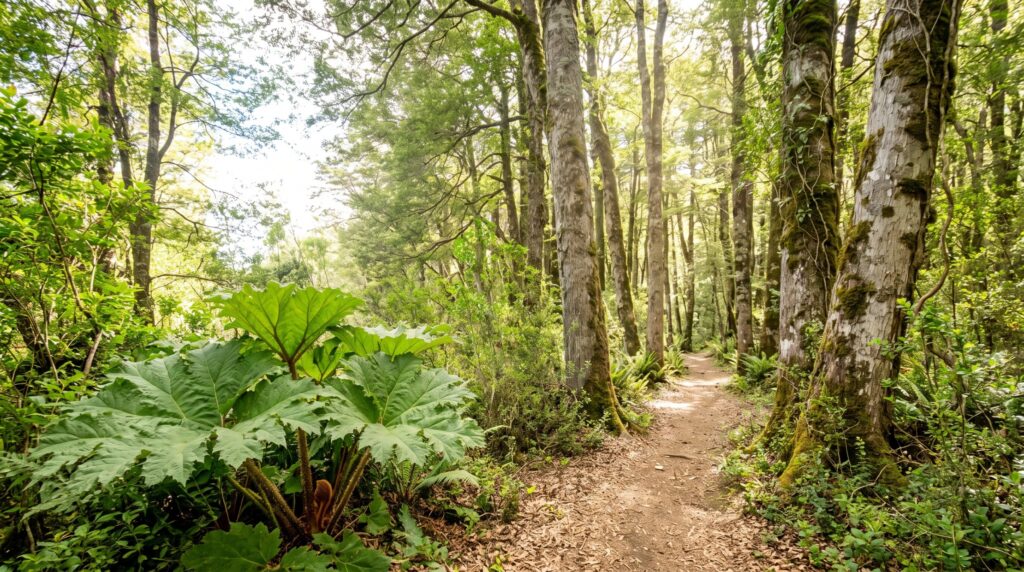 Sendero de tierra en un bosque nativo con coihues, helechos y nalcas iluminado por el sol