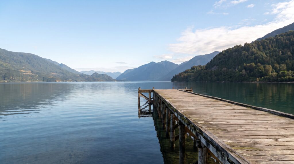 Muelle de madera que se adentra en un lago tranquilo rodeado de montañas y bosque