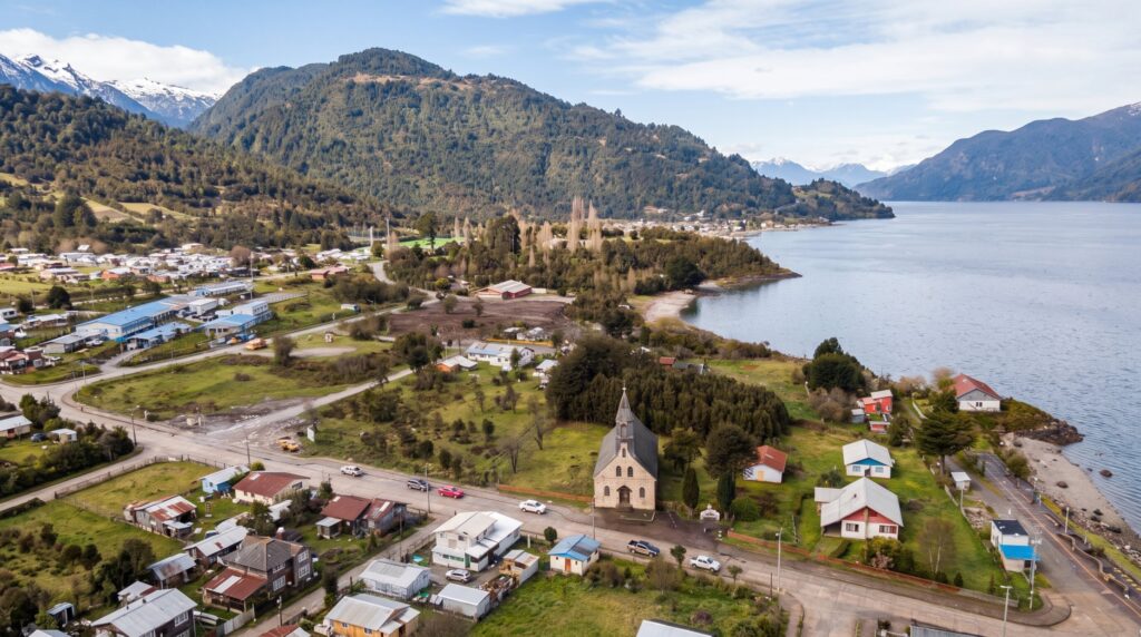 Vista aérea de un pueblo del sur de Chile con casas de madera, una iglesia y un lago