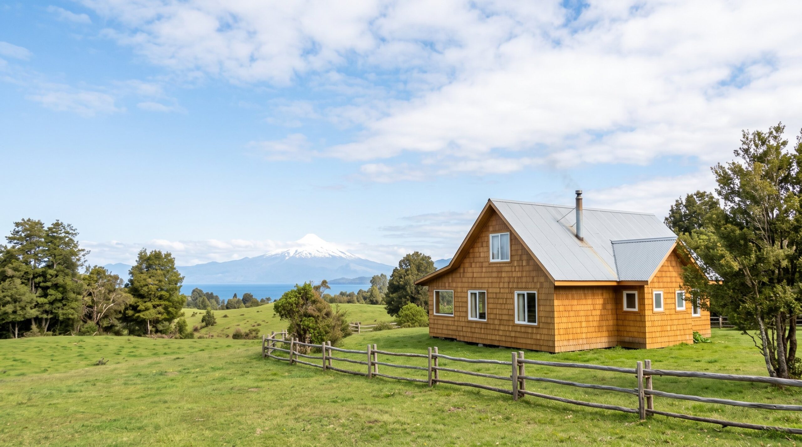 Casa de madera con muros de tejuelas en un prado, con un volcán nevado y un lago al fondo